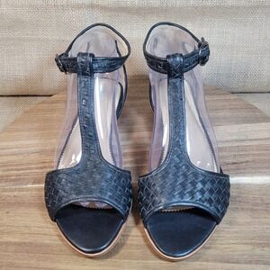 J.Jill Sandals Black Woven Leather T-Strap Ankle Strap Wedge‎ Women's Size 9